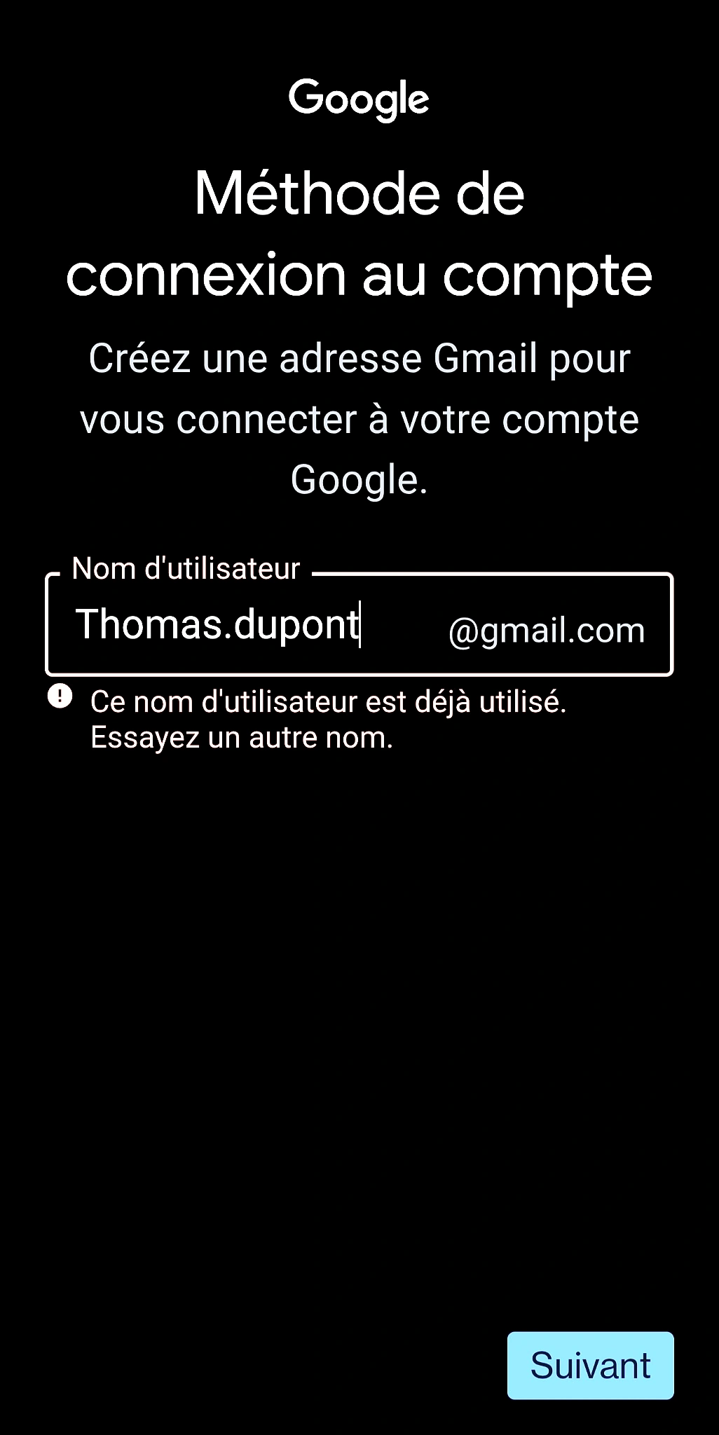 Message indiquant que le nom d'utilisateur est déjà pris