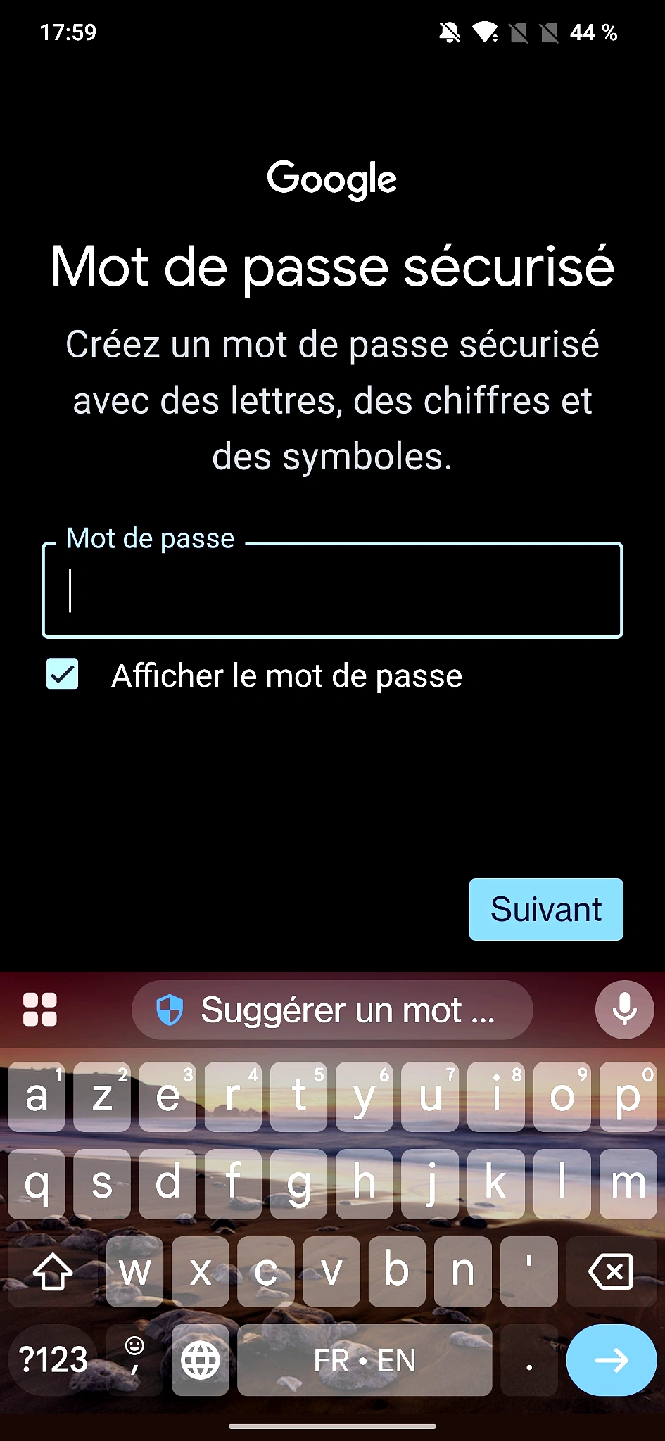Saisie du mot de passe pour le nouveau compte Gmail
