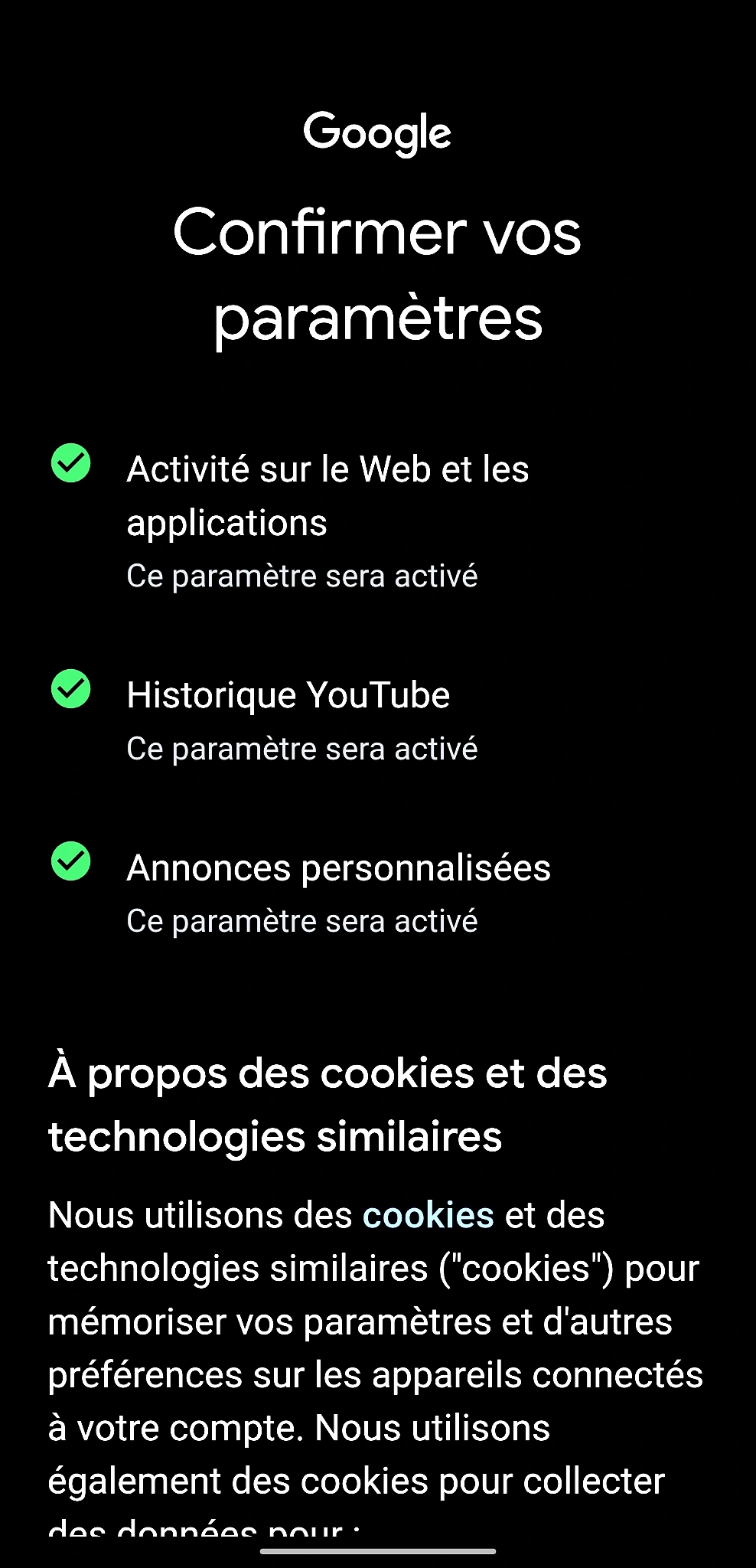 Écran de confirmation des paramètres Google