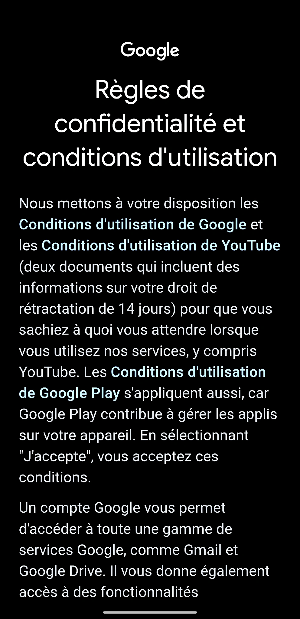 Lire et accepter les conditions d'utilisation Google