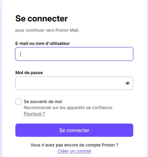 Page Proton Mail pour créer un compte