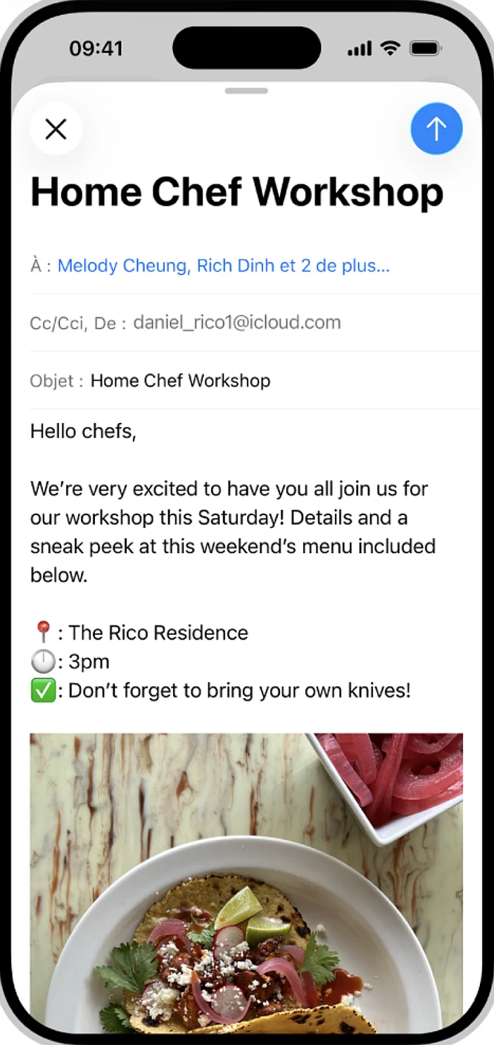 Écran de rédaction d’un e-mail sur iPhone